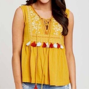 Altar'd State Embroidered Tassel Bohemian Mustard Yellow Blouse Size Medium
